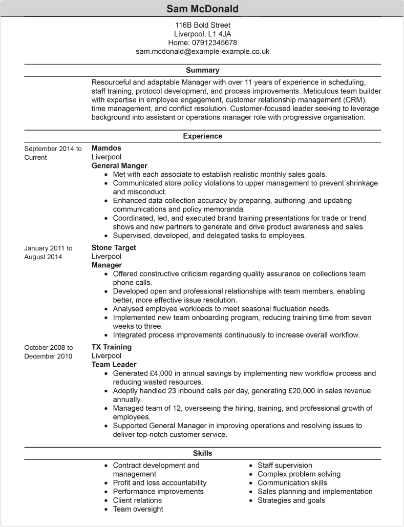 retail assistant manager cv template