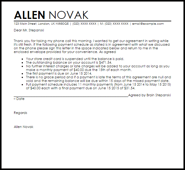 payment arrangement agreement letter agreement letters sample letter of agreement for services