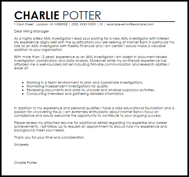 aml investigator cover letter sample livecareer leasing agent cover letters