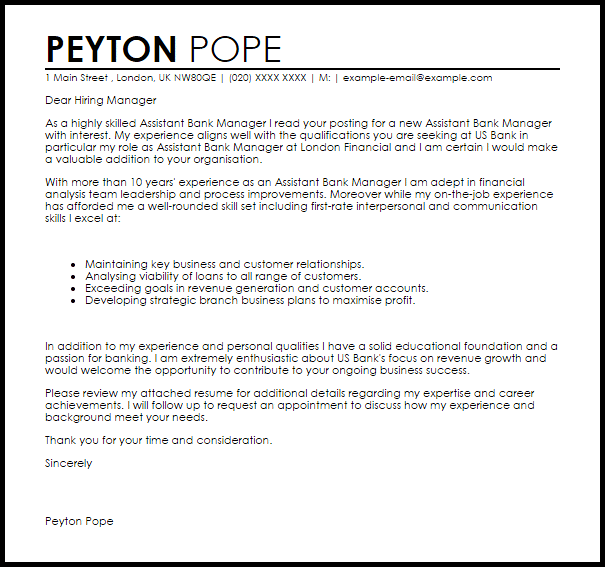 bank manager cover letter sample