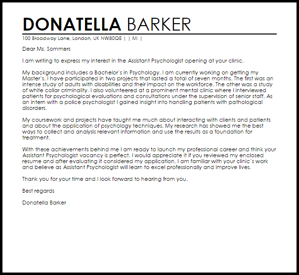 Assistant Psychologist Cover Letter Sample  LiveCareer