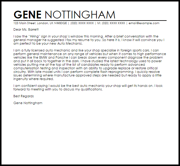 auto mechanic cover letter sample livecareer mechanic cover letters