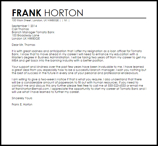 Bank Resignation Letter | Resignation Letters | LiveCareer