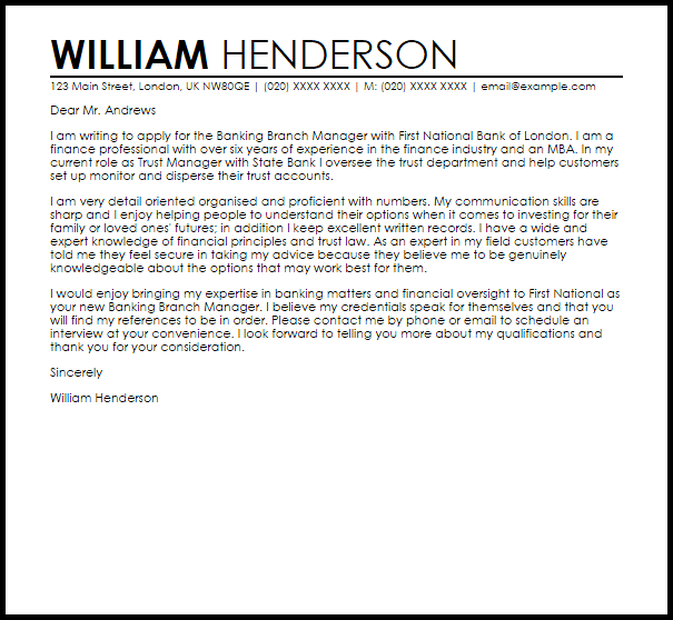 Banking Branch Manager Cover Letter Sample LiveCareer