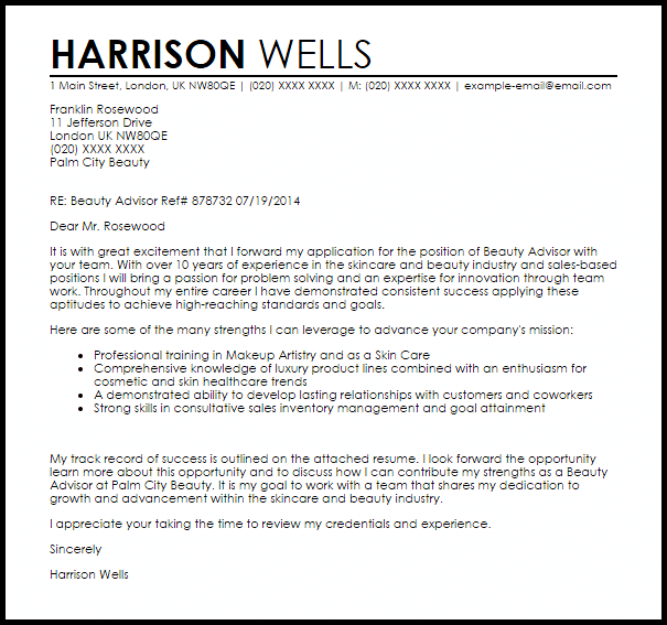 cover letter for beauty sales assistant