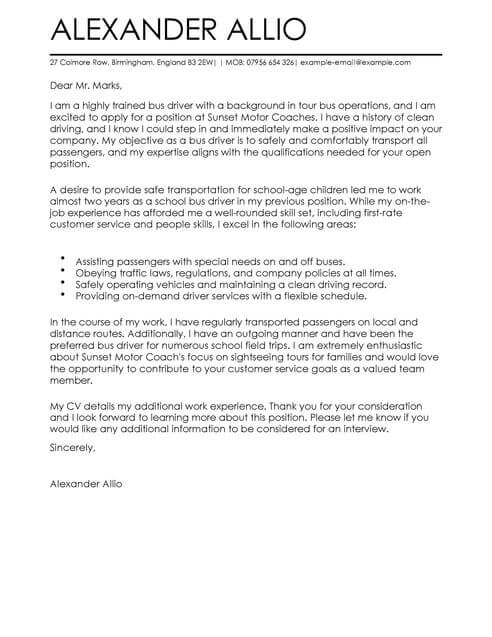 Bus Driver Cover Letter Examples for Transportation 
