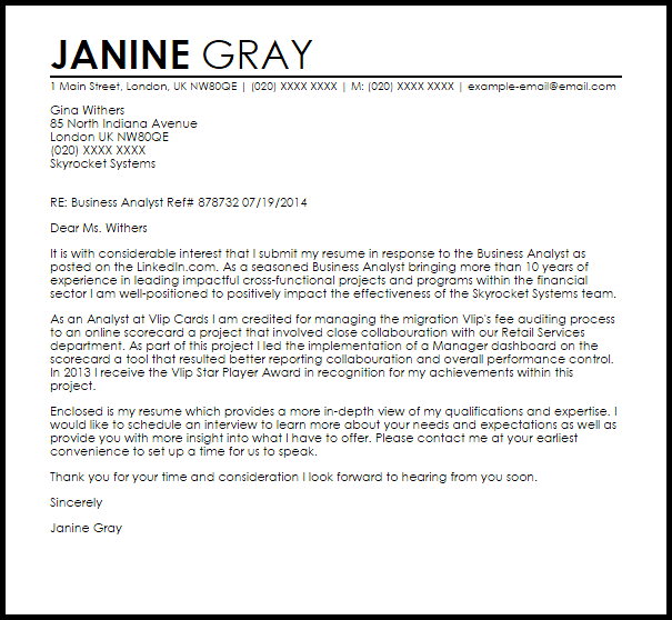 Business Analyst Cover Letter Sample | LiveCareer