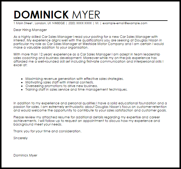 car sales manager cover letter sample livecareer automotive engineer cover letter