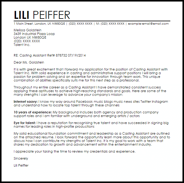 Casting Assistant Cover Letter Sample LiveCareer