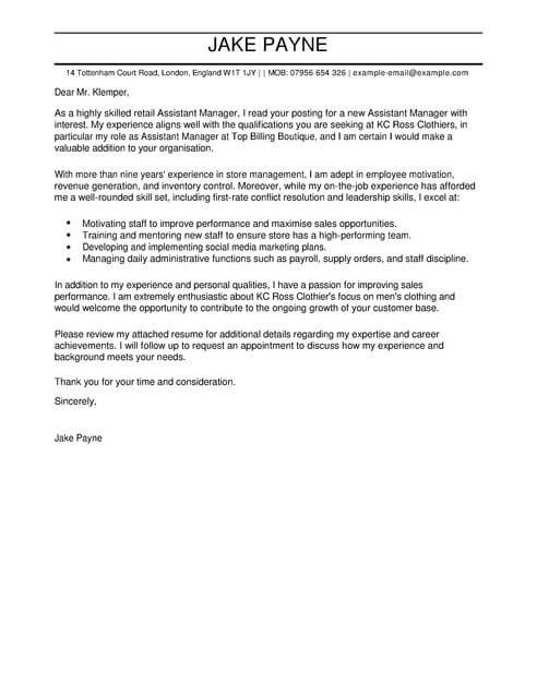 cover letter for retail assistant manager