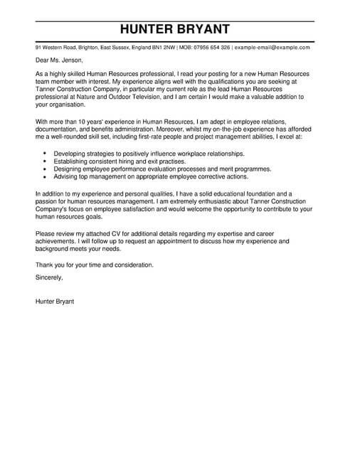 human resources cover letter examples amp templates livecareer employee cover letters