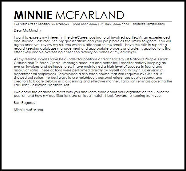 collector cover letter sample livecareer livecareer cover letter