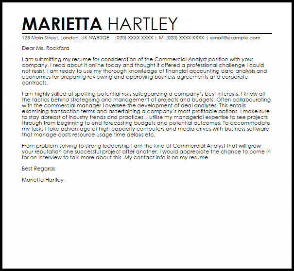Mercial Analyst Cover Letter Sample
