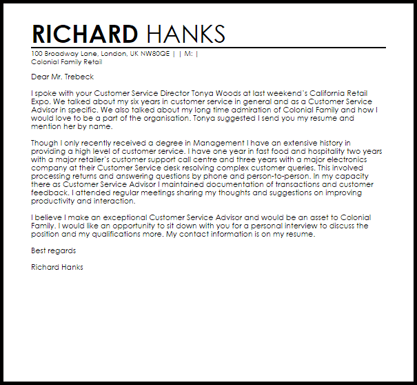 Customer Service Advisor Cover Letter Sample | LiveCareer
