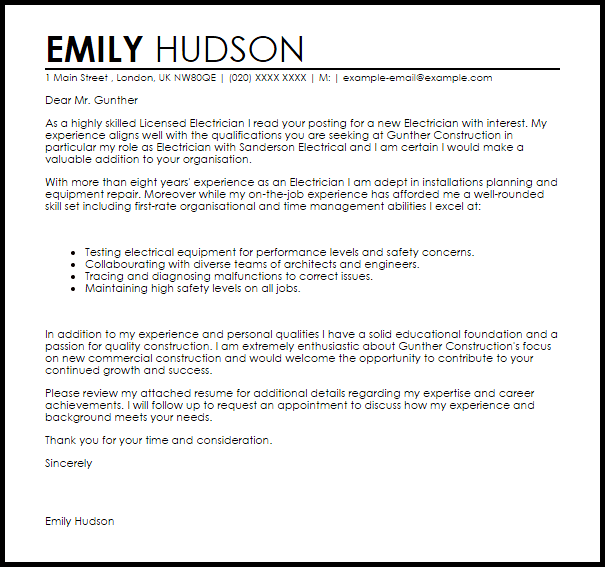 Electrician Cover Letter Sample | LiveCareer