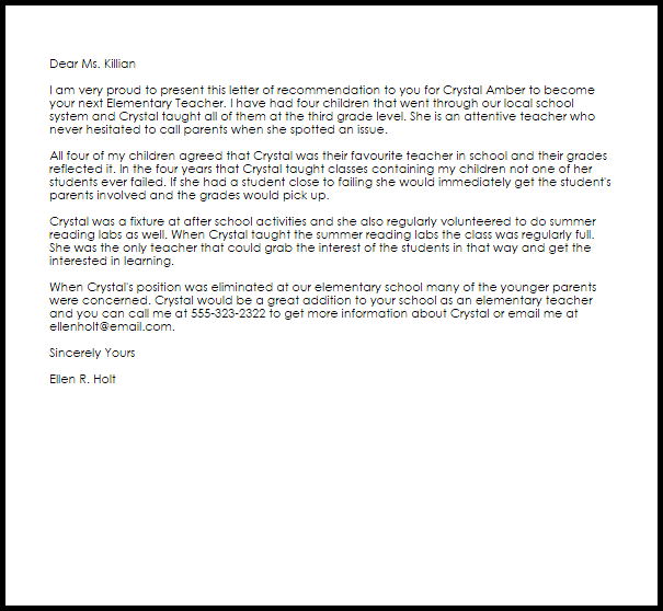 elementary teacher recommendation letter livecareer elementary teacher letter of recommendation