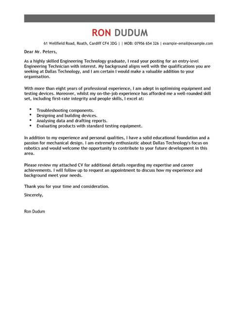 engineering technician cover letter