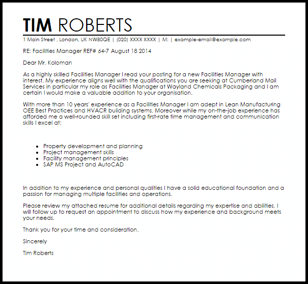 cover letter for a facility manager
