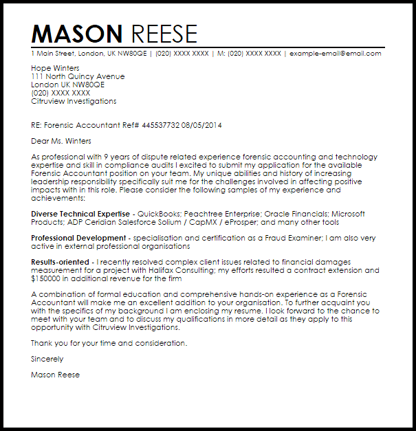 Forensic Accountant Cover Letter Sample  LiveCareer