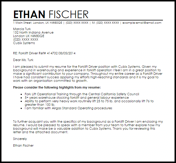 sample cover letter for forklift driver