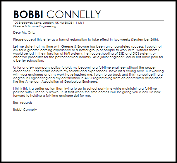 Going Back To School Resignation Letter | LiveCareer Going Back To School Resignation Letter | LiveCareer