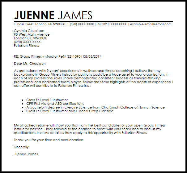 Group Fitness Instructor Cover Letter Sample | LiveCareer