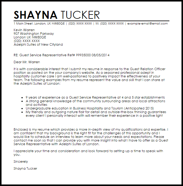 cover letter sample for guest services
