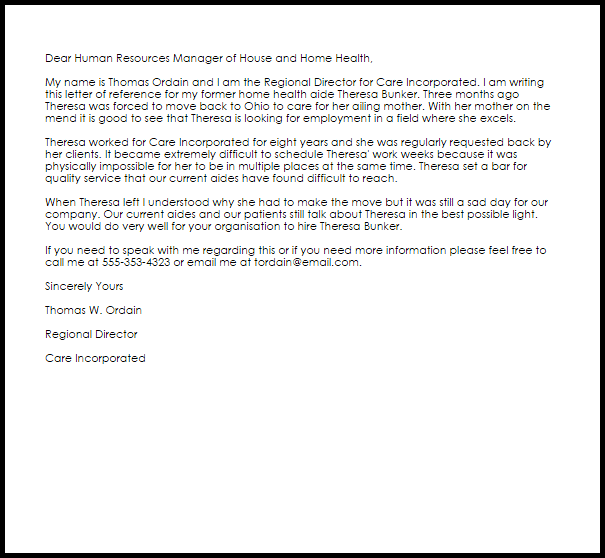 Home Health Aide Reference Letter | Reference Letters | LiveCareer