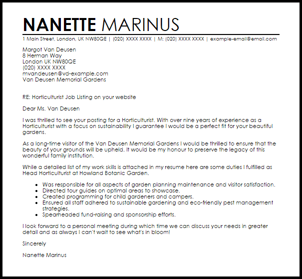 horticulturist cover letter sample livecareer live resume builder
