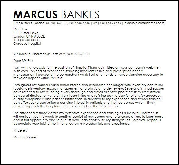 pharmacist position cover letter