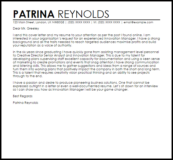 innovation manager cover letter sample livecareer example of cover letter for jobs