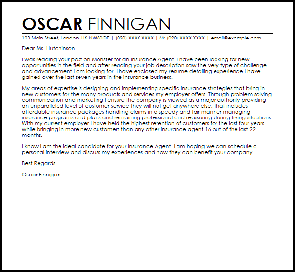 Insurance Agent Cover Letter Sample | LiveCareer