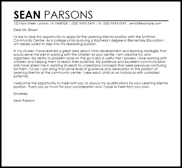 learning mentor cover letter sample livecareer covering letter for internship