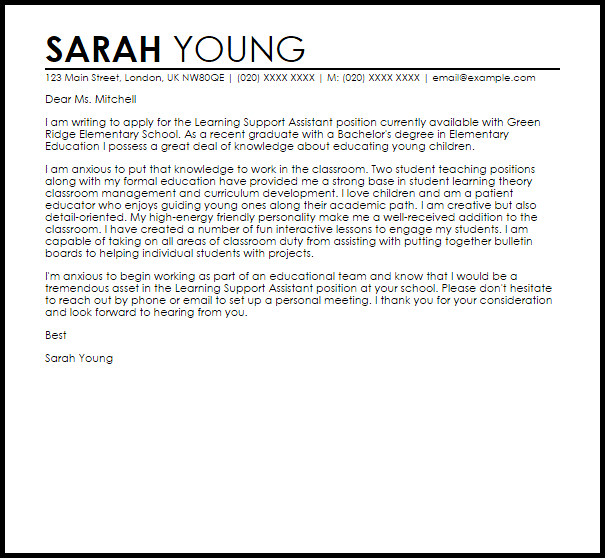 Learning Support Assistant Cover Letter Sample LiveCareer