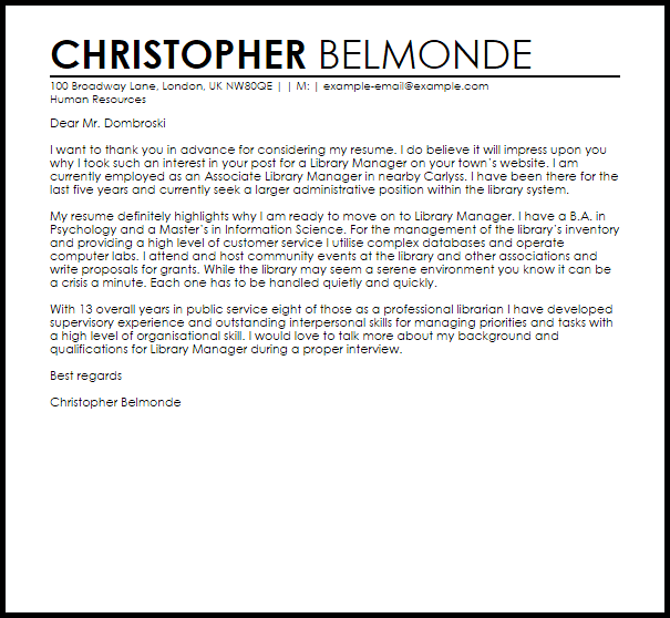 cover letter library manager