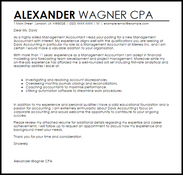 management accountant cover letter sample livecareer cpa cover letters
