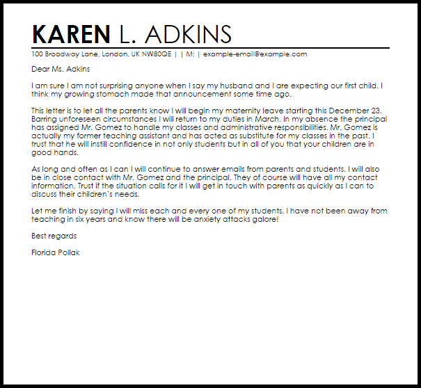 maternity leave letter to parents leave letters livecareer maternity leave letter sample