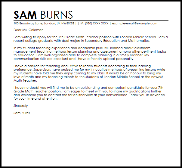 cover letter sample for math teacher