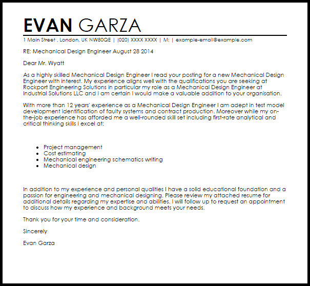 cover letter for mechanical design engineer