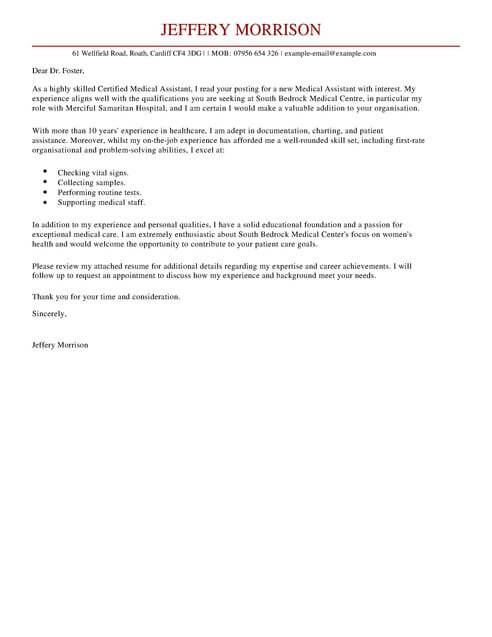 cover letter example medical assistant