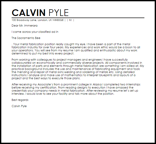 Metal Fabrication Cover Letter Sample LiveCareer