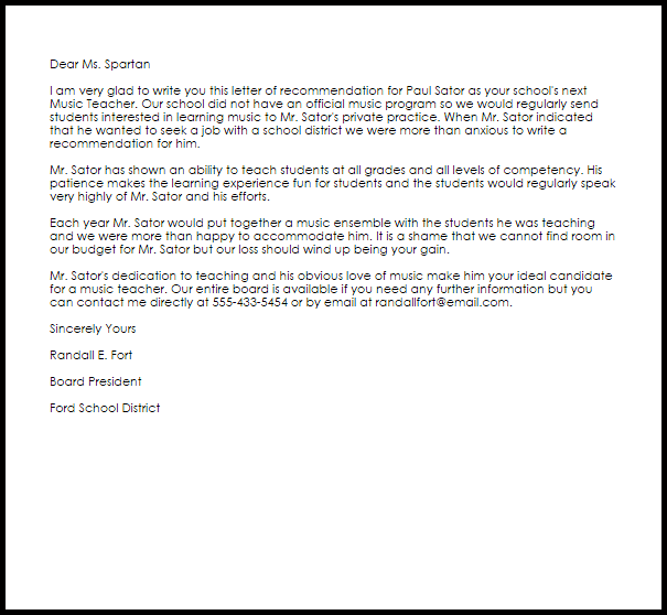 Music Teacher Recommendation Letter | LiveCareer