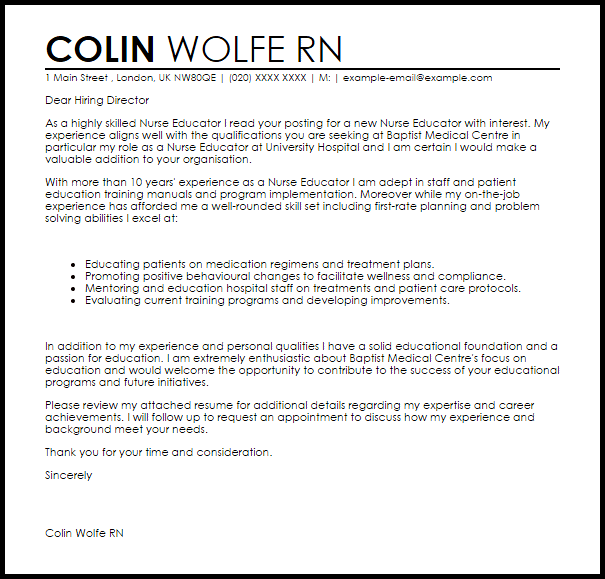 Nurse Educator Cover Letter Sample | LiveCareer