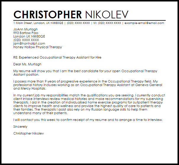 Occupational Therapy Assistant Cover Letter Sample | LiveCareer