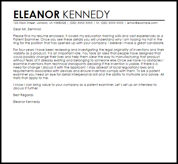 patent examiner cover letter sample livecareer internship examples