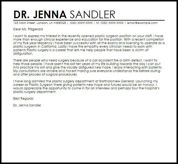 Plastic Surgeon Cover Letter Sample LiveCareer