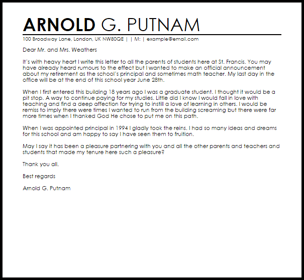 principal resignation letter to parents livecareer sample cover letters for principal