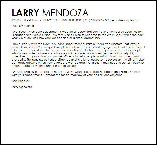 probation and parole officer cover letter sample livecareer probation letter of recommendation