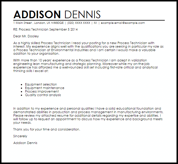 process technician cover letter sample livecareer cover letter for process engineer