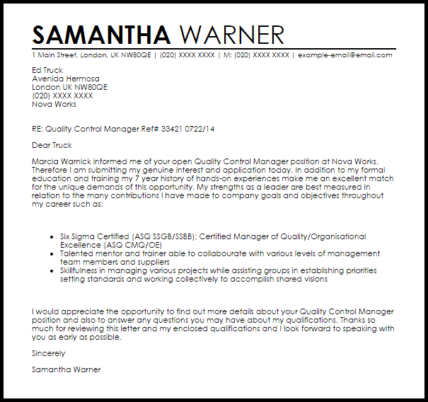 quality assurance manager cover letter sample